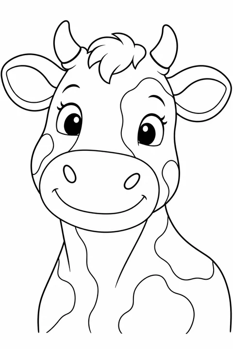A friendly cow portrait features big ears, small horns and a rounded muzzle.