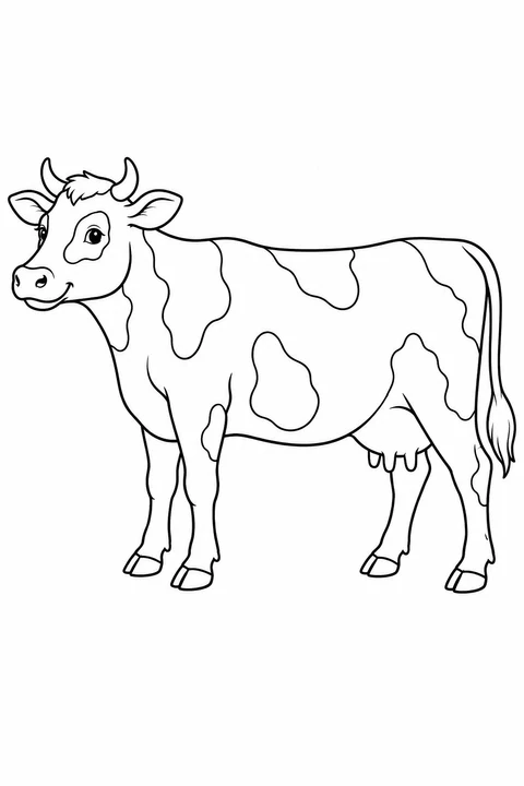 A dairy cow stands in profile, showing four hooves, a long tail and large coat patches.