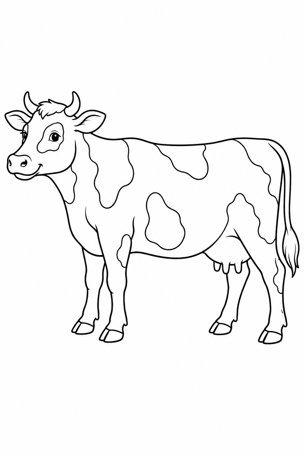 A dairy cow stands in profile, showing four hooves, a long tail and large coat patches.
