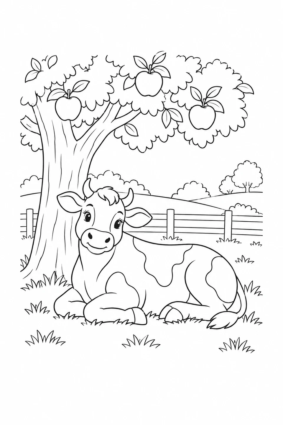 A cow rests beneath an apple tree beside a pasture fence.