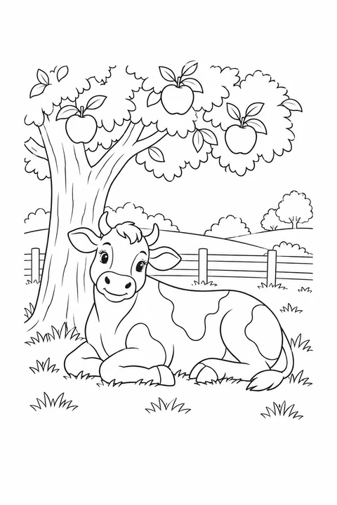 A cow rests beneath an apple tree beside a pasture fence.