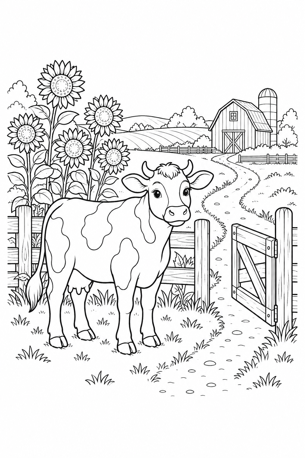Una mucca è accanto a cinque girasoli e a un cancello aperto verso il fienile.