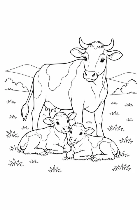 A cow stands behind two calves lying side by side among tufts of grass.