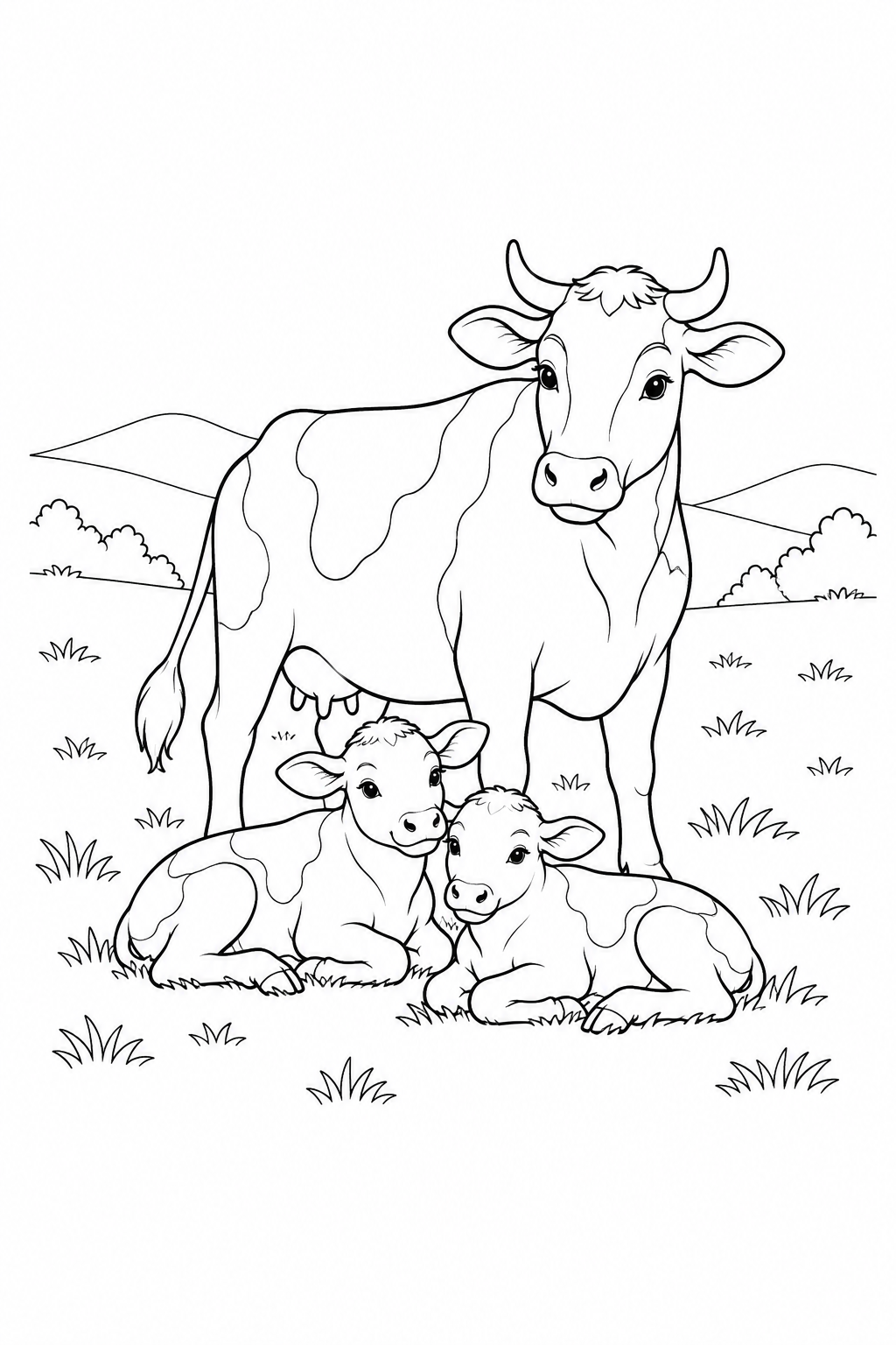 A cow stands behind two calves lying side by side among tufts of grass.
