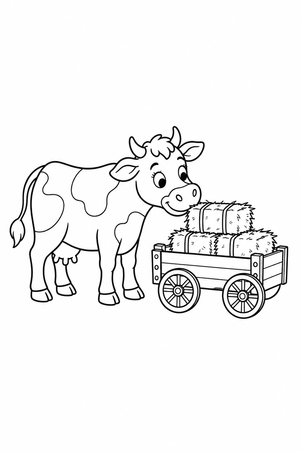 A curious cow sniffs hay bales stacked on a small wooden wagon.