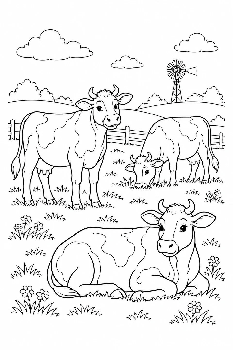 Trois vaches se tiennent debout, broutent et se reposent, avec une éolienne au loin.