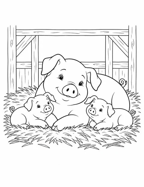 A mother pig rests with two piglets in a straw nest inside the barn.