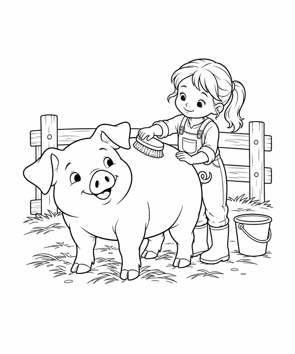 Ein Mädchen bürstet ein freundliches Schwein neben dem Zaun.