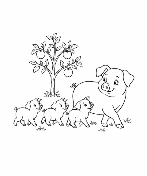 Three piglets follow their mother past a small apple tree.