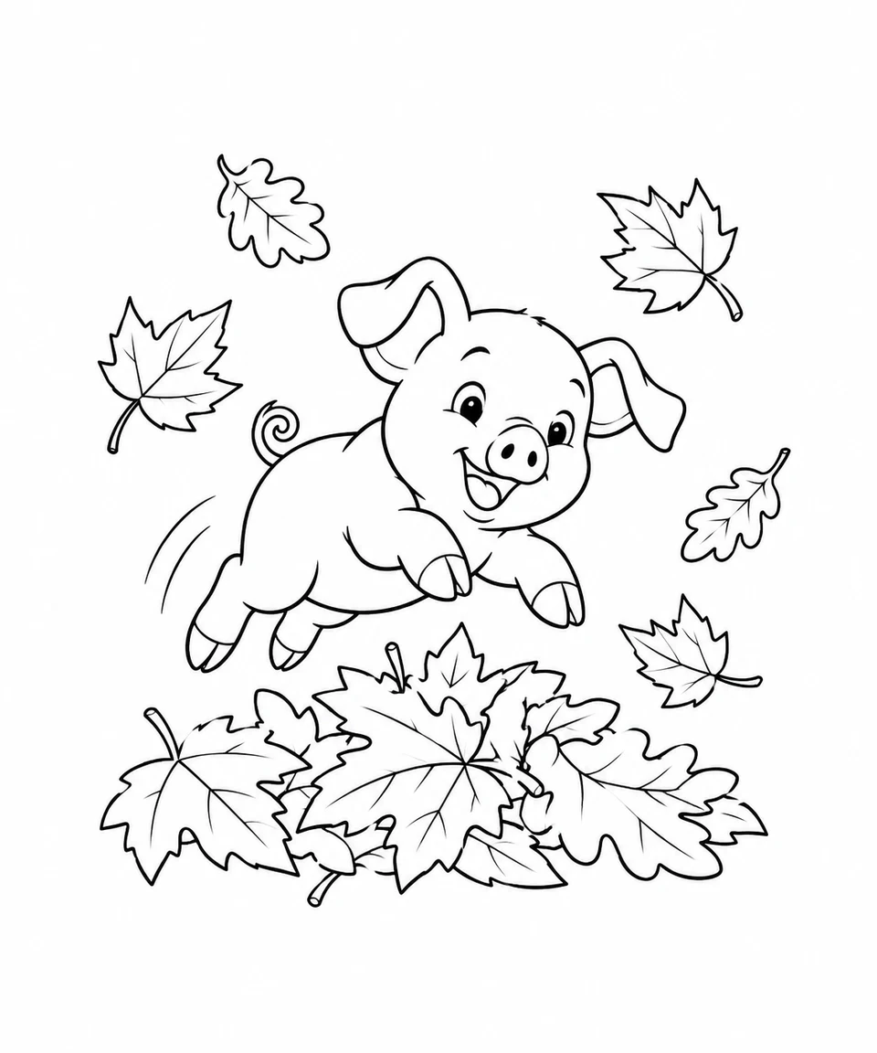 A happy piglet jumps toward a pile of autumn leaves.