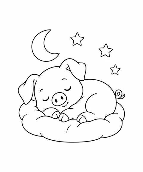 A piglet sleeps on a cushion beneath a crescent moon and three stars.