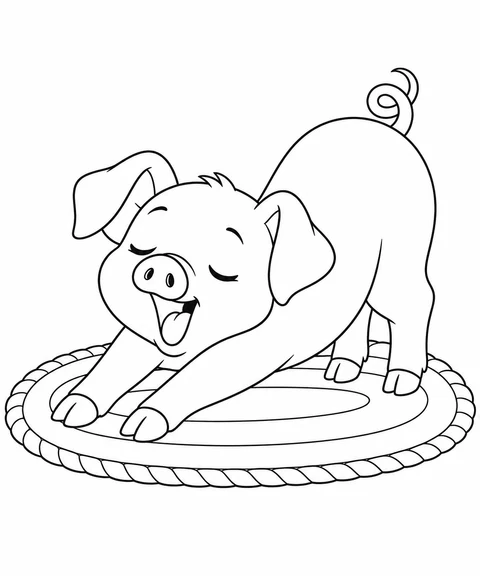 A sleepy piglet stretches its front legs on an oval mat.