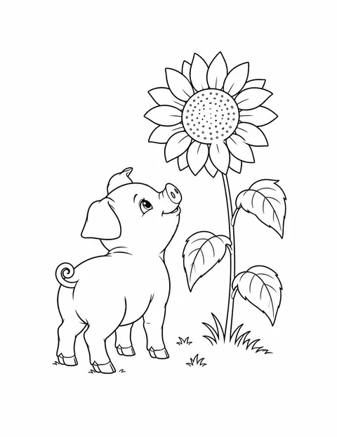 A piglet looks up at a tall sunflower with broad petals.