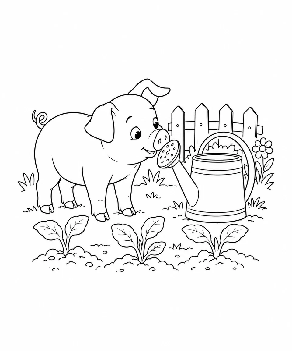 Ein Ferkel schnuppert an einer Gießkanne neben drei Jungpflanzen und einem niedrigen Zaun.