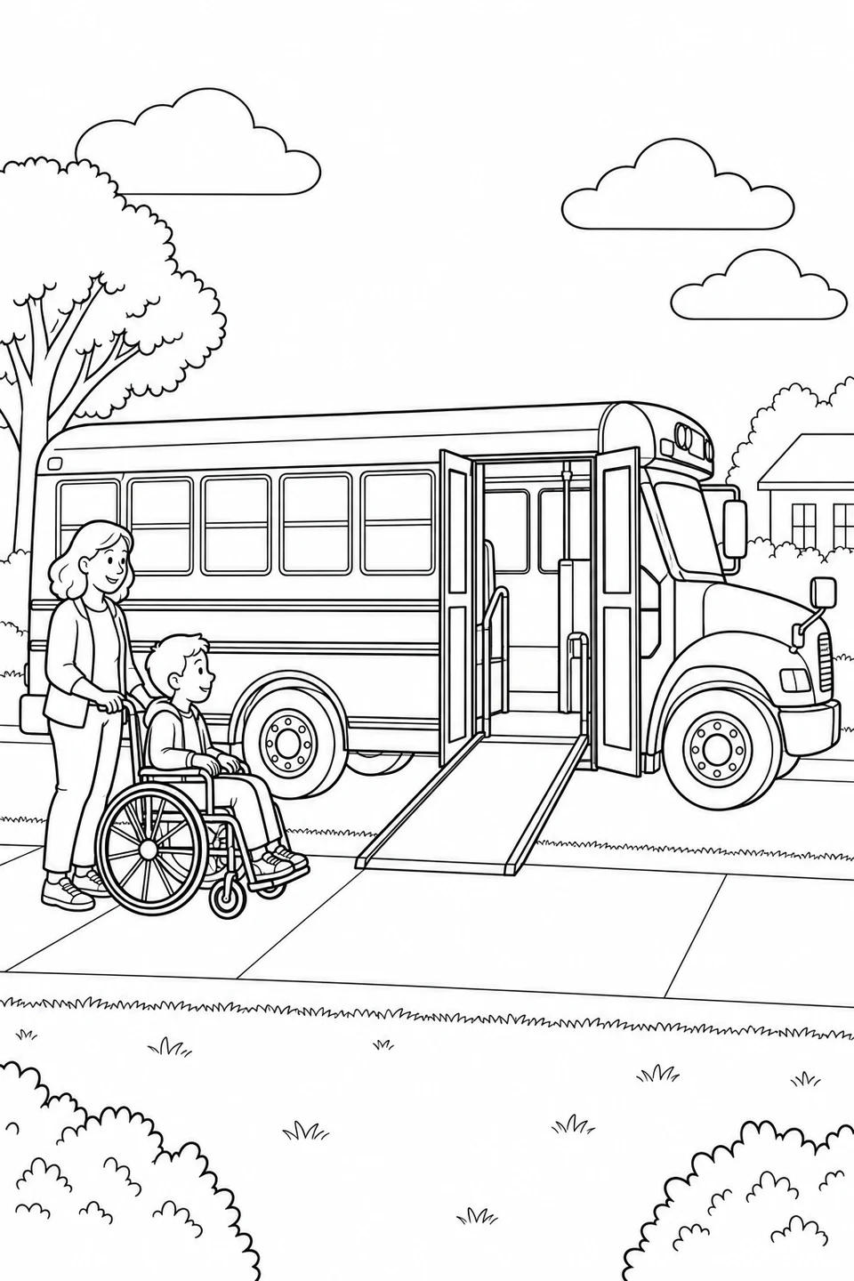 A ramp connects the parked bus doorway to the sidewalk, where a child in a wheelchair waits with an adult.
