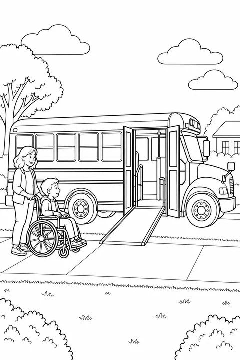 A ramp connects the parked bus doorway to the sidewalk, where a child in a wheelchair waits with an adult.