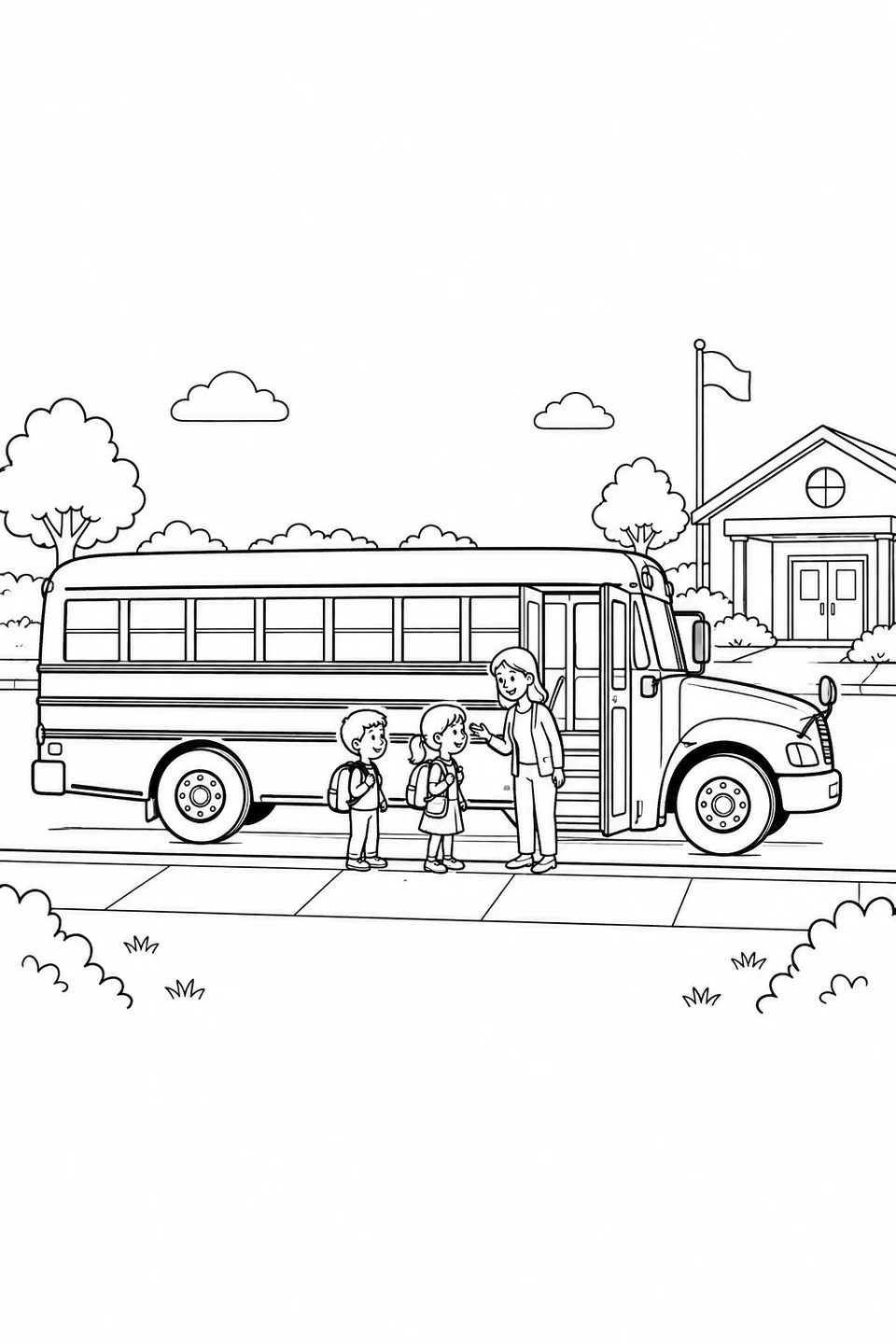 An adult greets two children with backpacks beside a school bus outside school.
