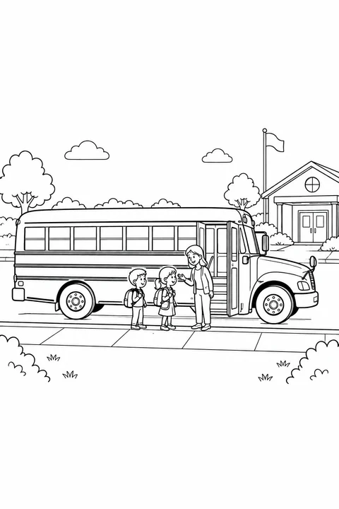 An adult greets two children with backpacks beside a school bus outside school.