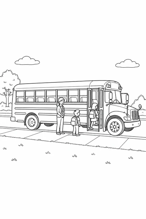 An adult and a child wait beside a parked school bus while another child holds the handrail to board.