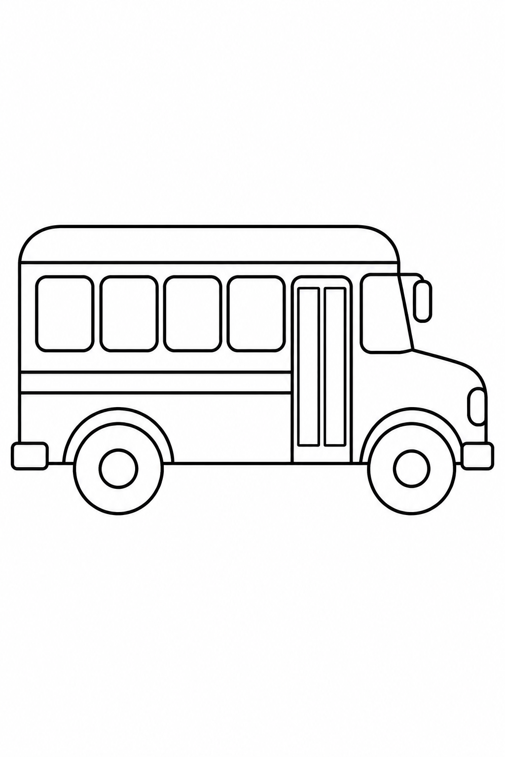 Un petit bus scolaire possède quatre grandes fenêtres, deux roues rondes et des contours simples et épais.