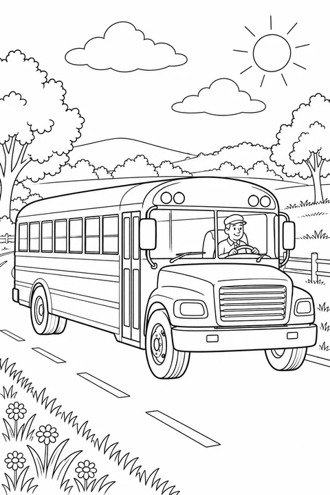 An adult drives a school bus along a quiet road beside fields and trees.