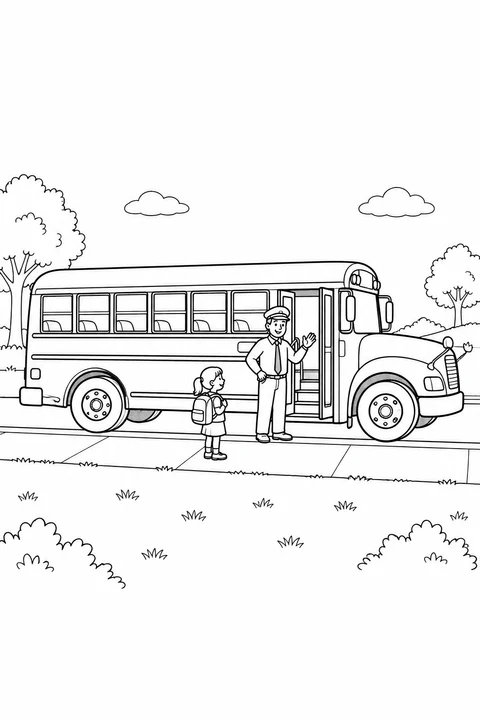 A driver waves beside the open bus door while a child with a backpack waits nearby.