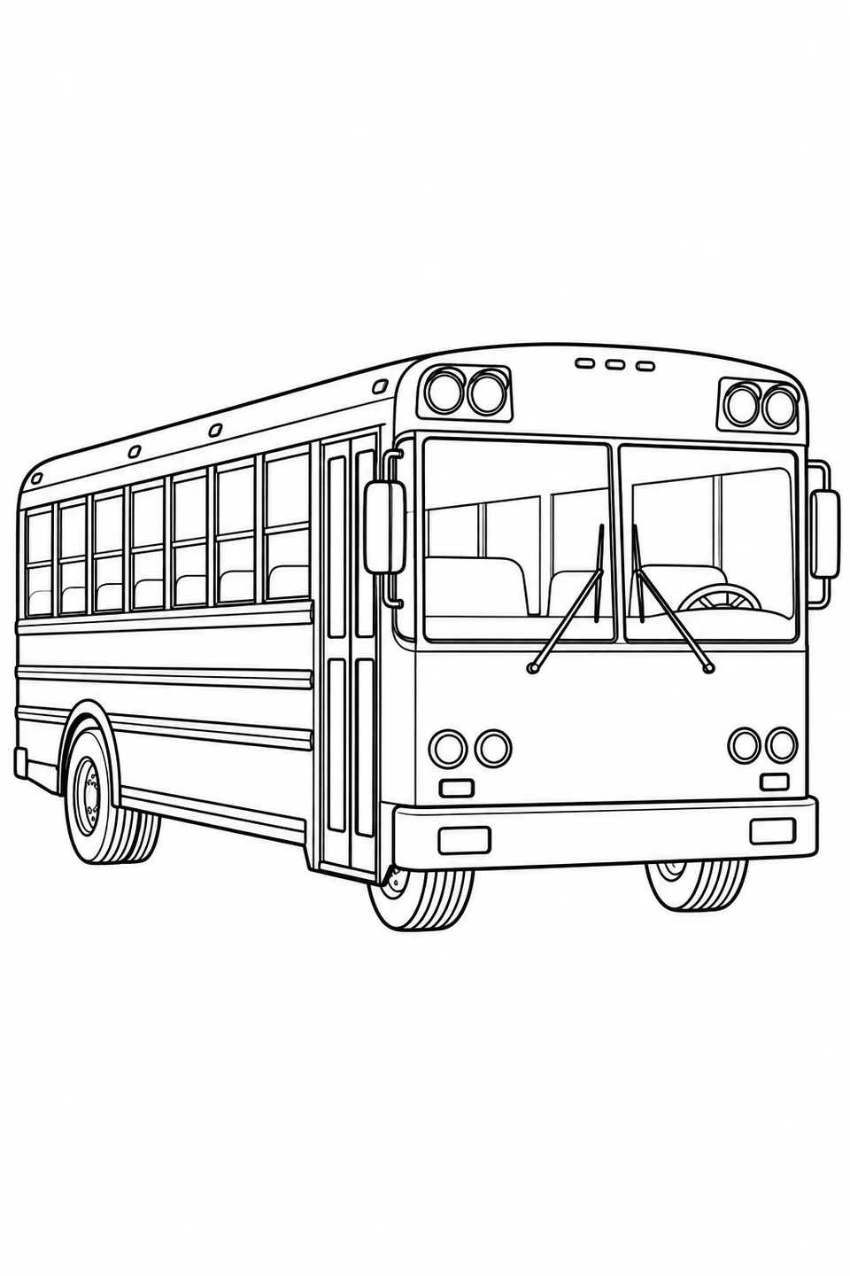 A school bus with a flat front has tall windshields, roof lights and a long row of side windows.