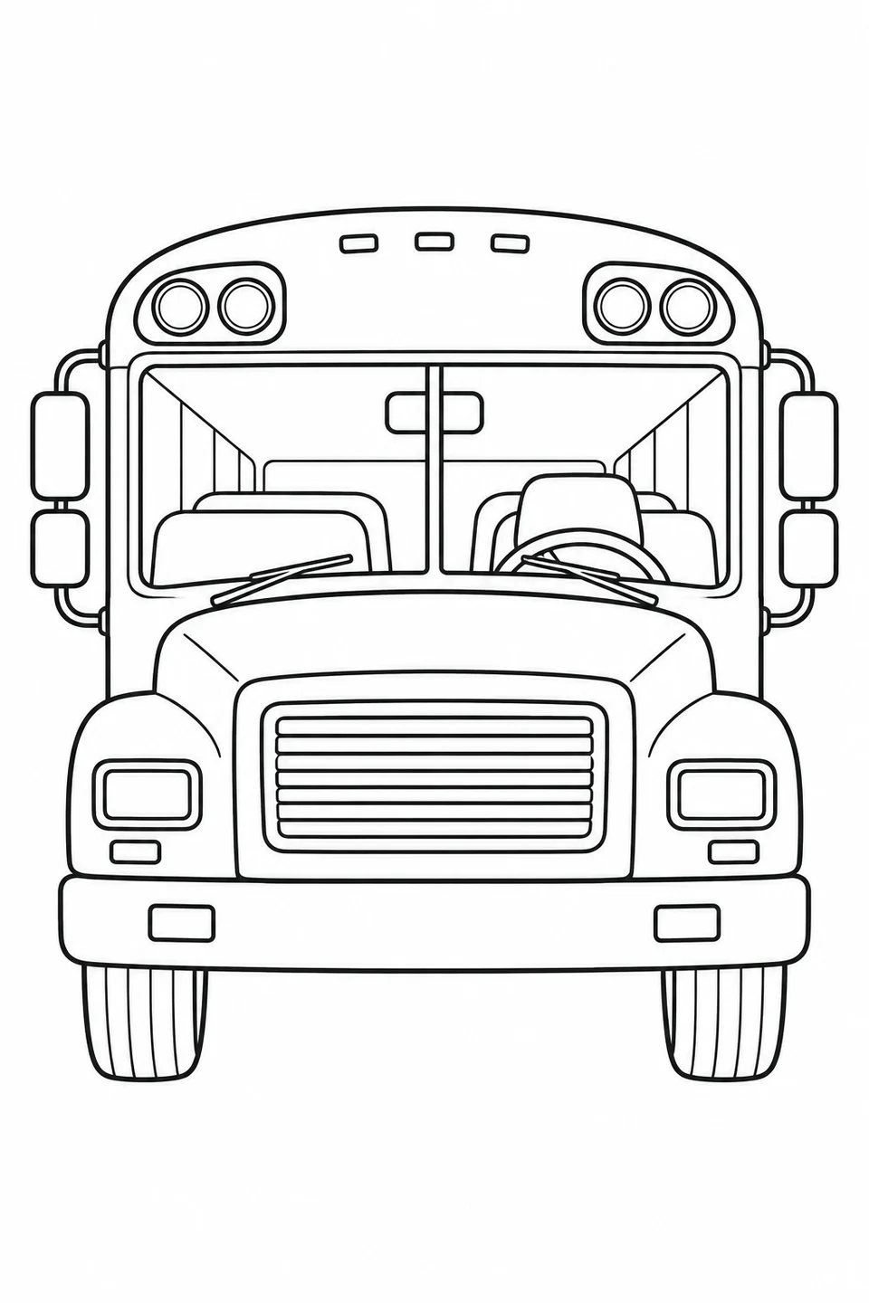 A school bus faces forward, showing its windshield, broad hood, headlights and roof lights.