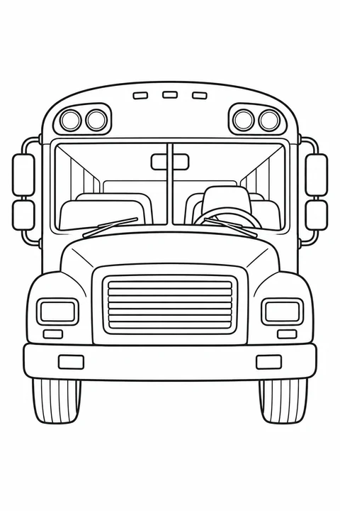 A school bus faces forward, showing its windshield, broad hood, headlights and roof lights.