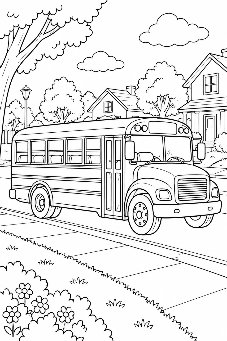 A school bus is parked by a sidewalk lined with houses and leafy trees.