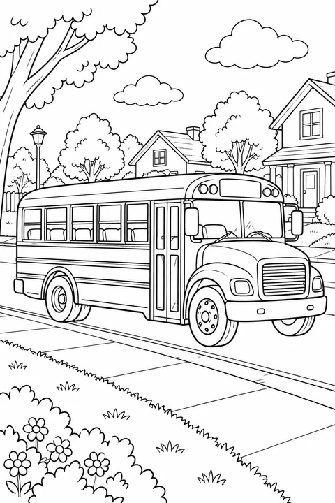 A school bus is parked by a sidewalk lined with houses and leafy trees.