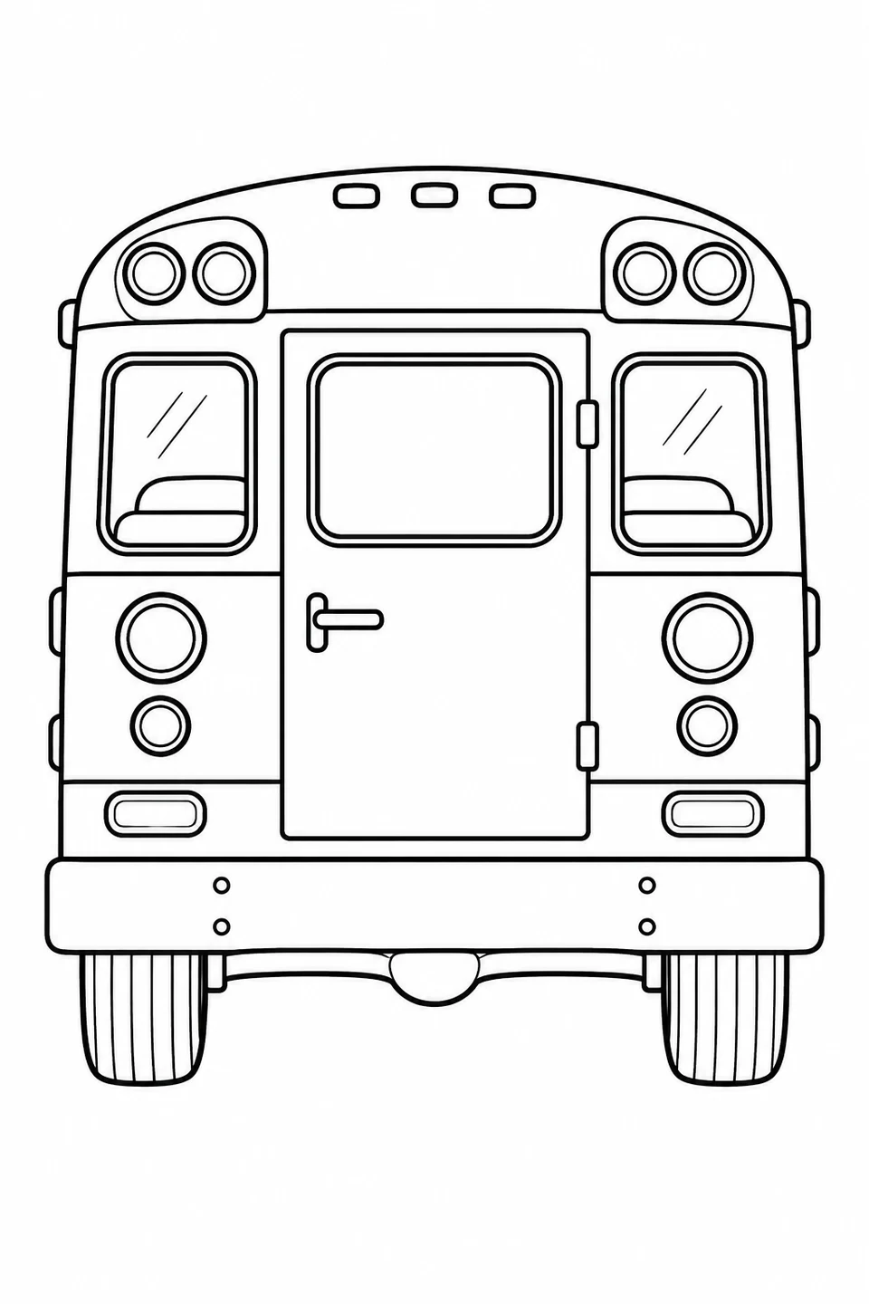 The back of a school bus shows its rear door, window and lights.