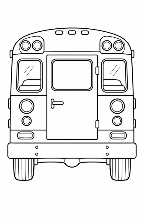 The back of a school bus shows its rear door, window and lights.
