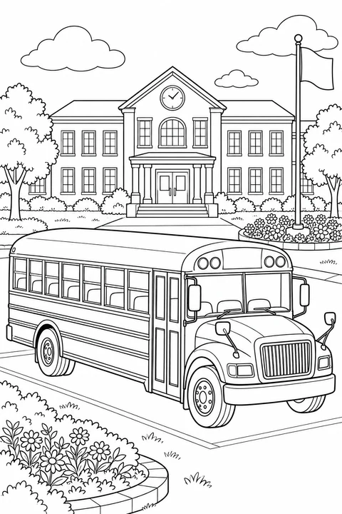 A school bus stands before a school building with flower beds and a flagpole.