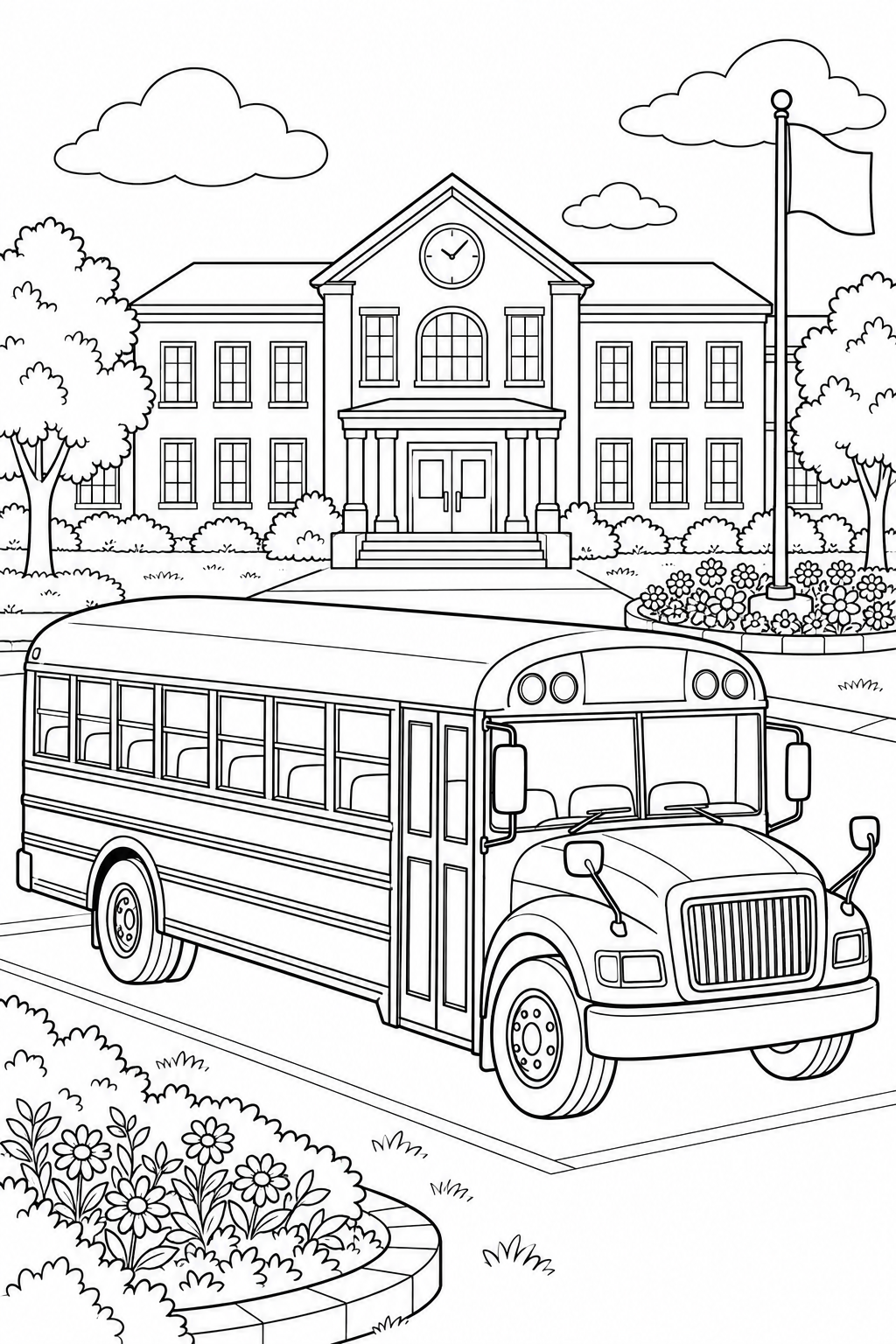 A school bus stands before a school building with flower beds and a flagpole.