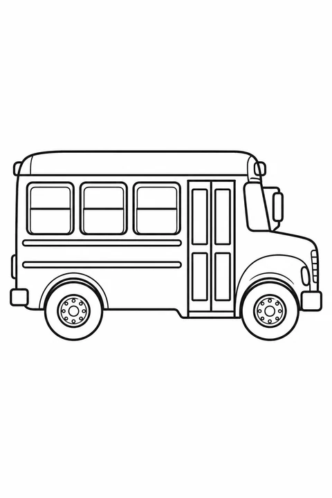 A compact school bus has three passenger windows, an entry door and two wheels.