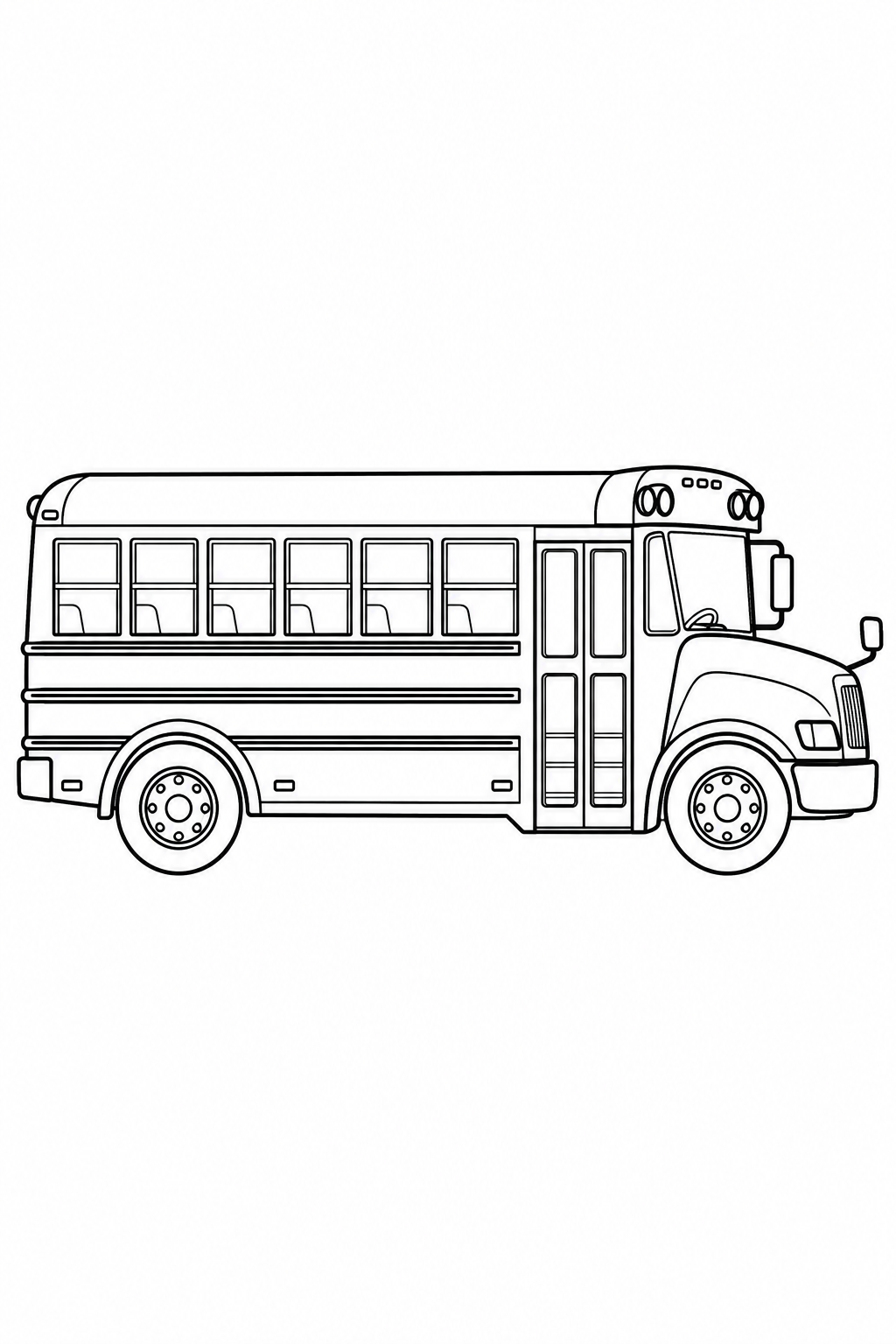 A long school bus in profile has a row of windows, a folding door and two large wheels.