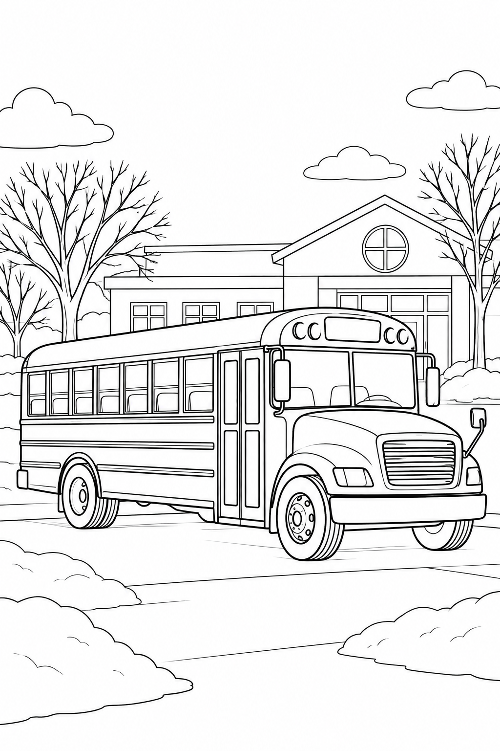 A school bus stands outside school on ground without snow, with snow piles and bare trees nearby.