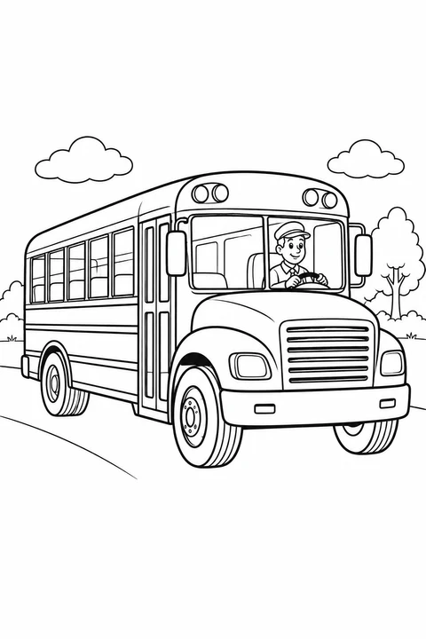 A school bus is seen from the front and side, with an adult driver behind the windshield.