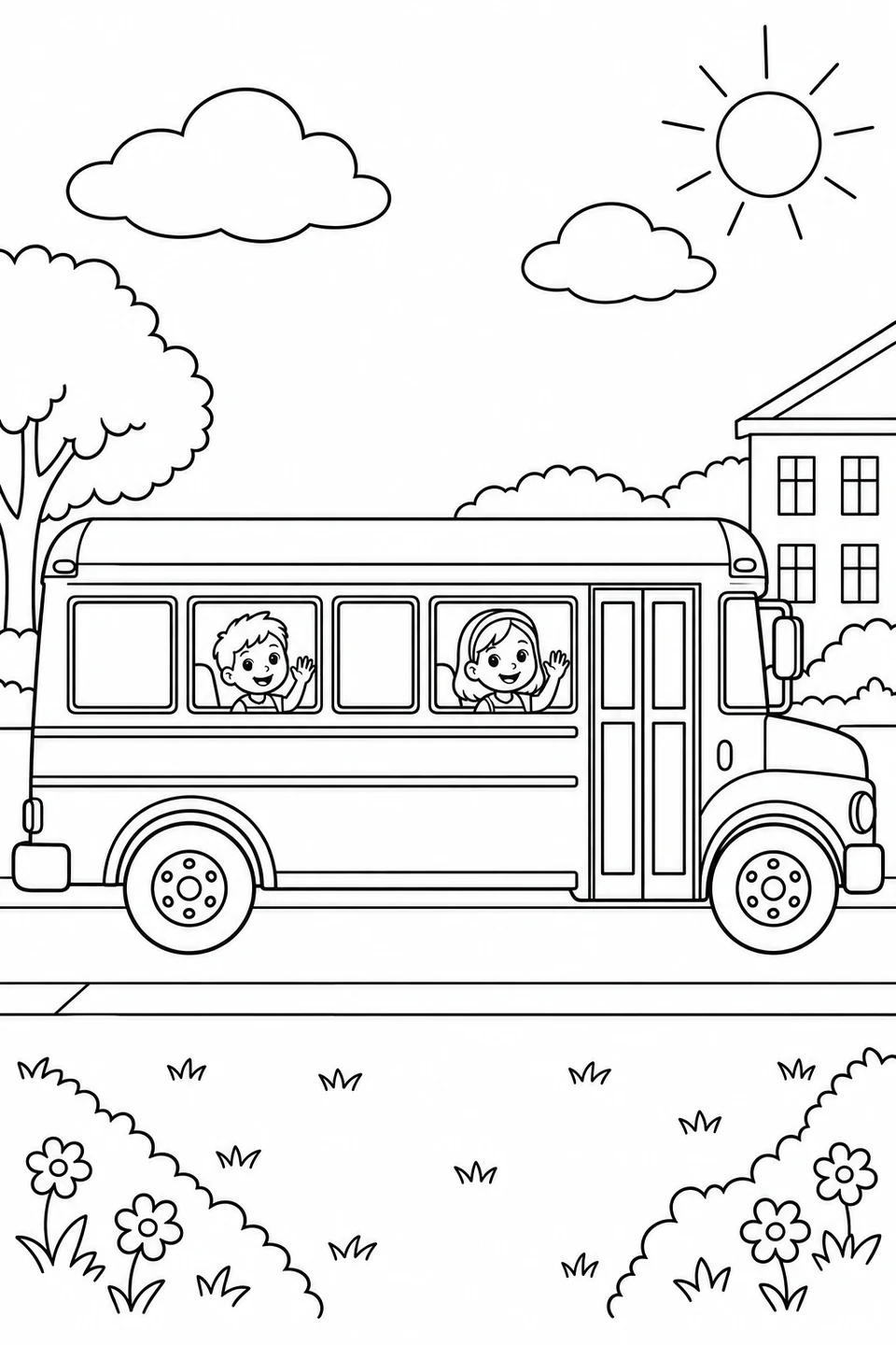 Two children wave from inside the windows of a parked school bus.