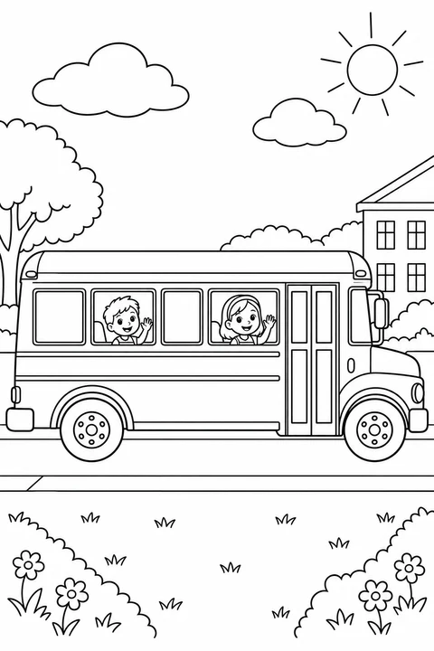 Two children wave from inside the windows of a parked school bus.