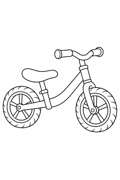 A small balance bike has broad wheels, a low saddle and no pedals or chain.