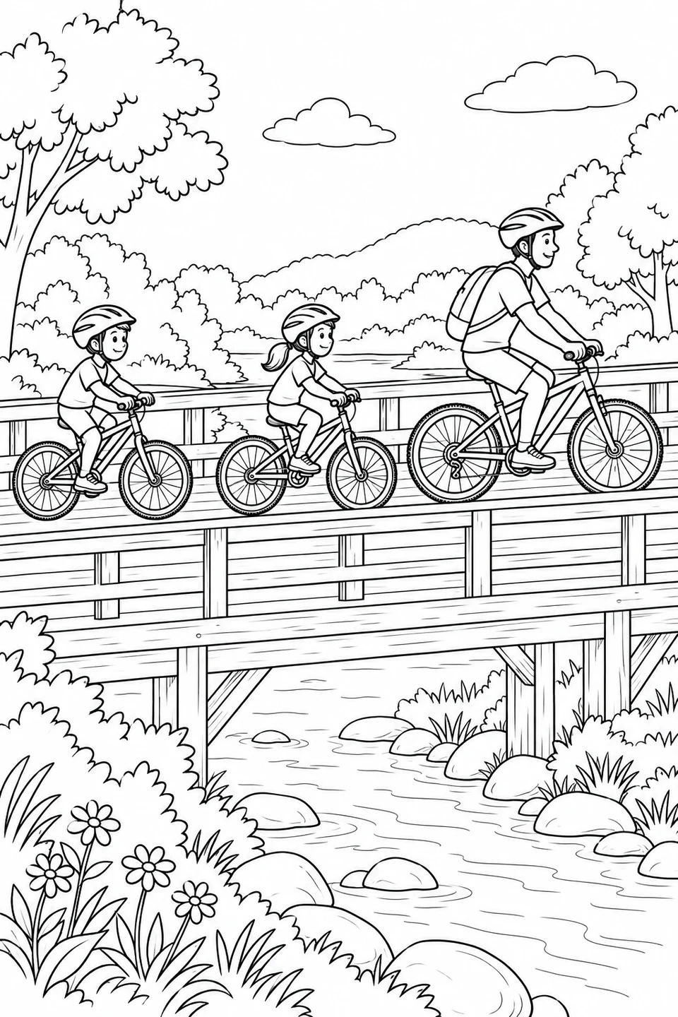 Ein Erwachsener fährt vor zwei Kindern über eine Holzbrücke im Park; alle fahren eigene Fahrräder und tragen Helme.