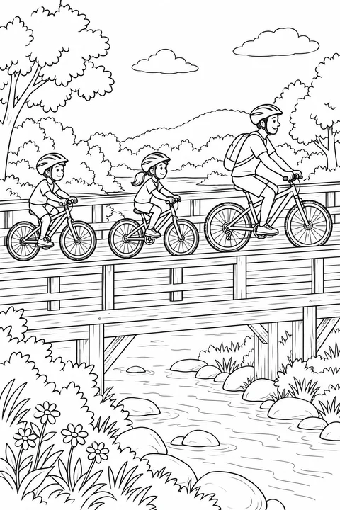 An adult leads two children across a wooden park bridge on separate bicycles, all wearing helmets.