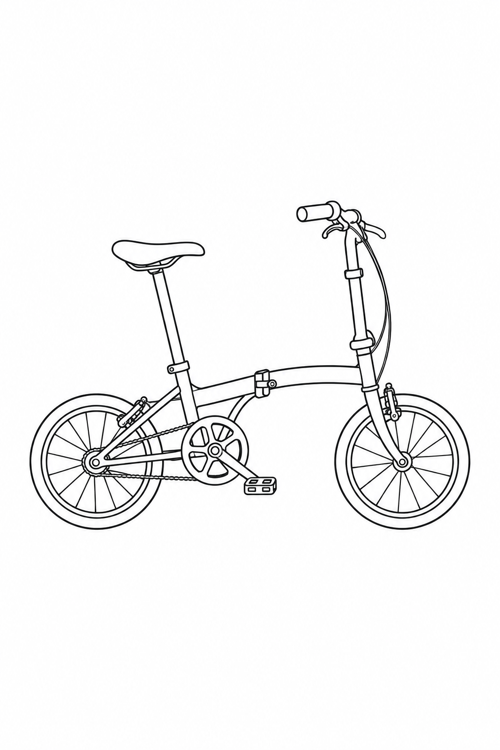 An unfolded folding bike has small wheels, tall handlebars and a hinge in its low frame.