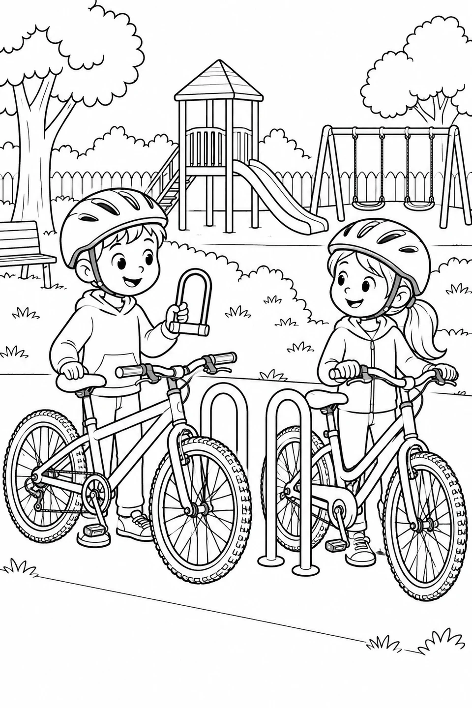 Two helmeted children stand with their bicycles at a playground bike rack, and one holds a U-lock.