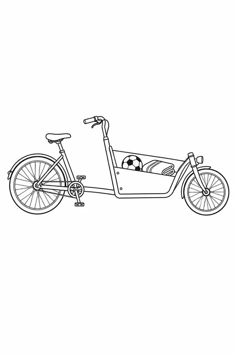 A long cargo bike carries a ball and folded blanket in a low box ahead of its handlebars.