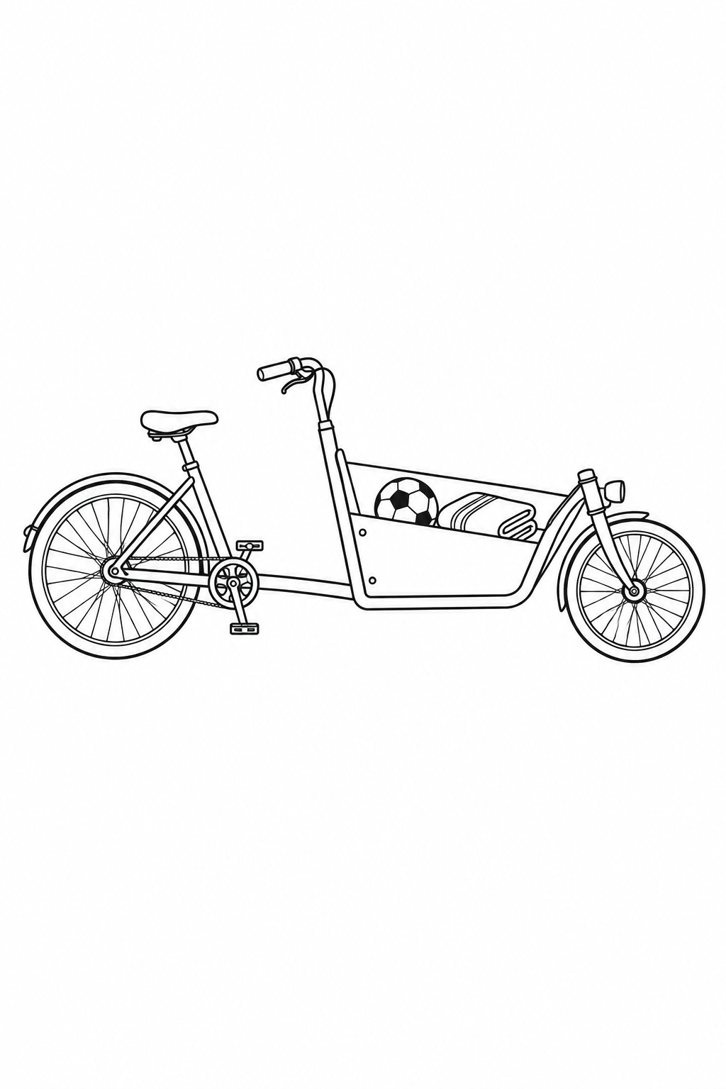 A long cargo bike carries a ball and folded blanket in a low box ahead of its handlebars.