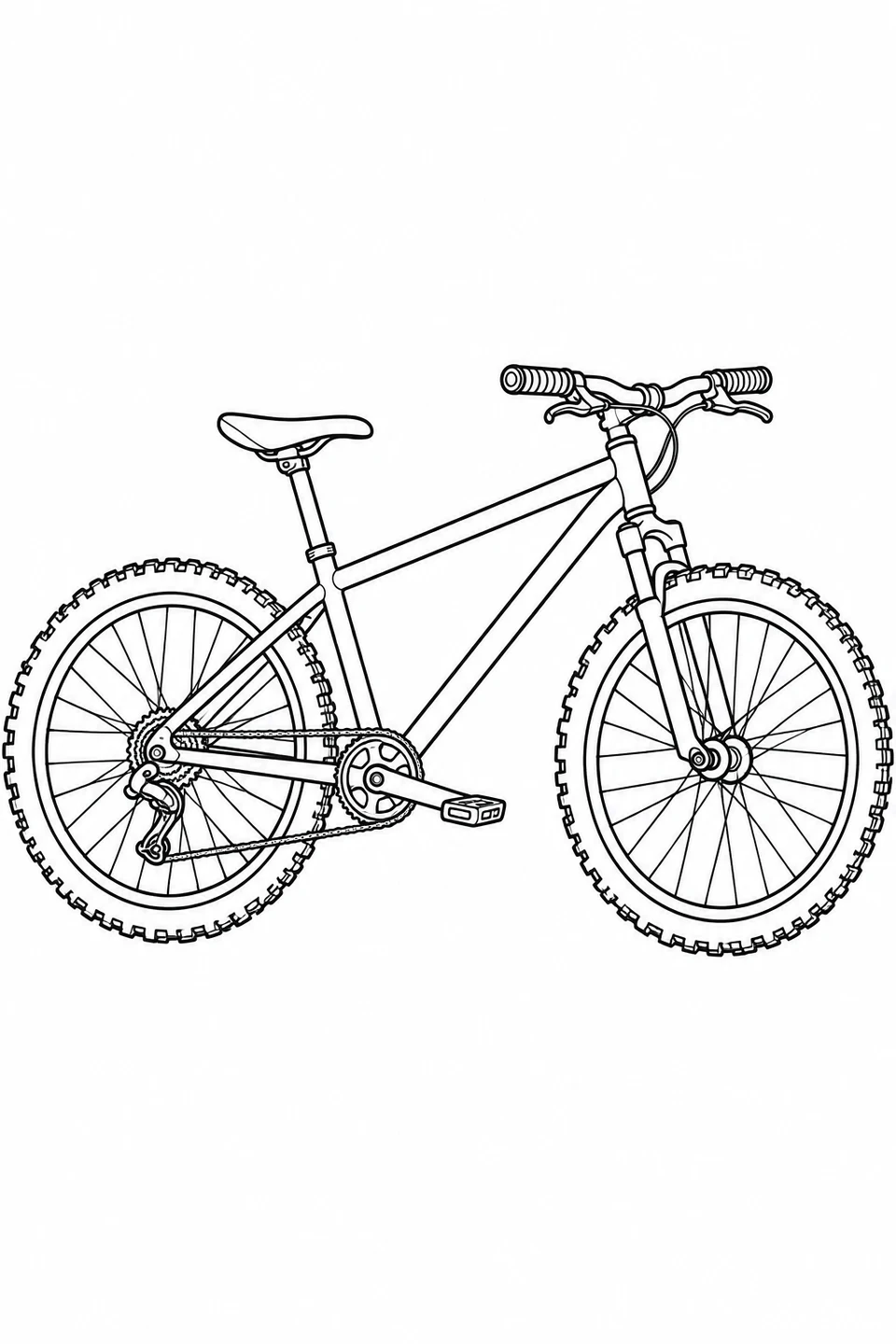 A mountain bike has knobby tires, a diamond frame, straight handlebars and a visible chain.