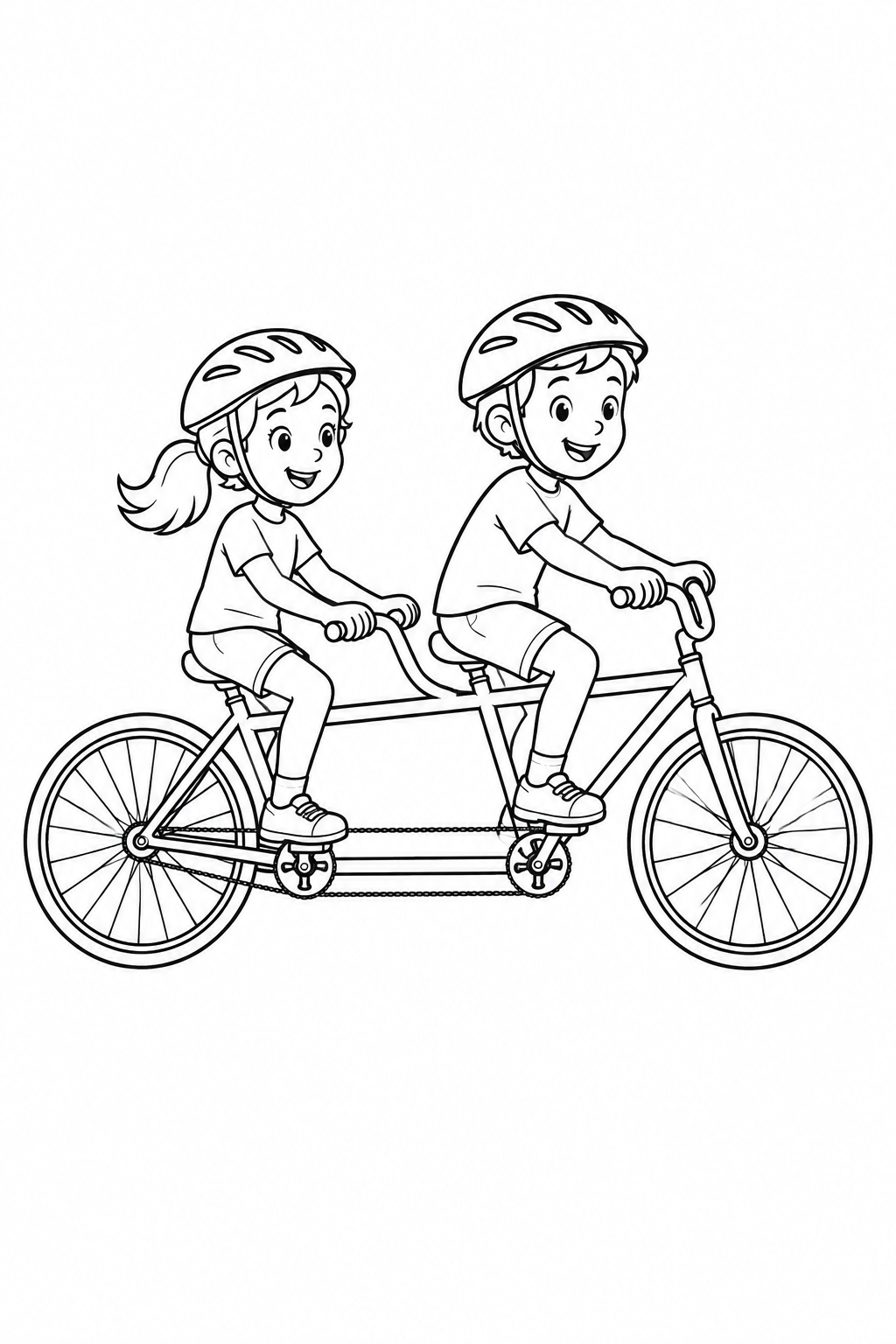 Two children wearing helmets ride a tandem with two saddles, two sets of pedals and two wheels.